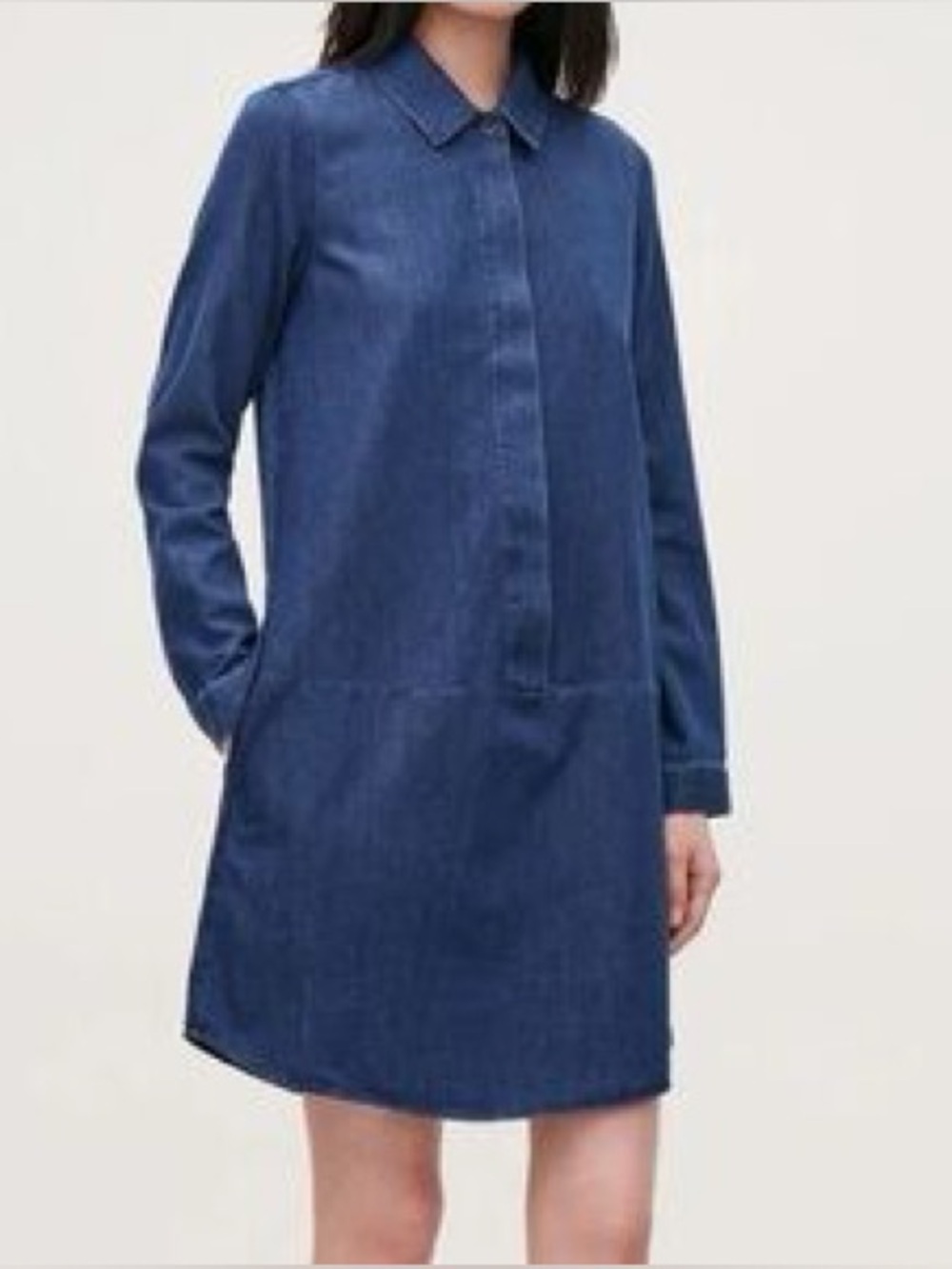 COS Sz 8 Blue Chambray Cotton Long Sleeves Relaxed Dress